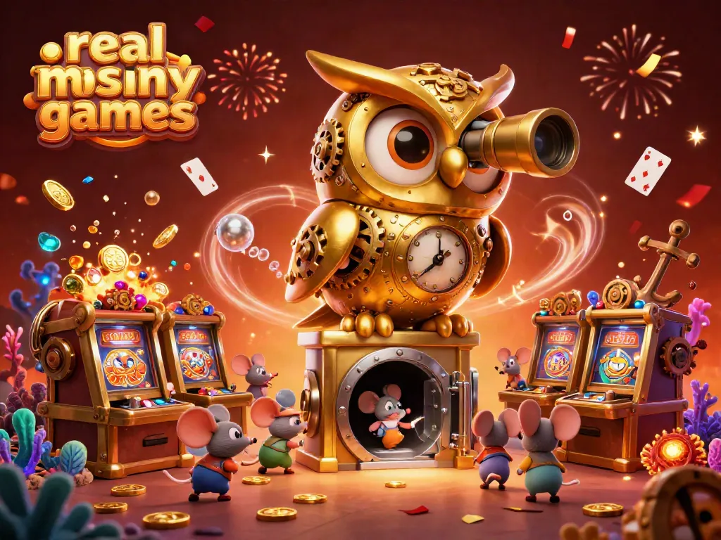 Experience thrilling gameplay with real money casino games featuring a golden owl, vibrant casino elements, and dynamic visuals.