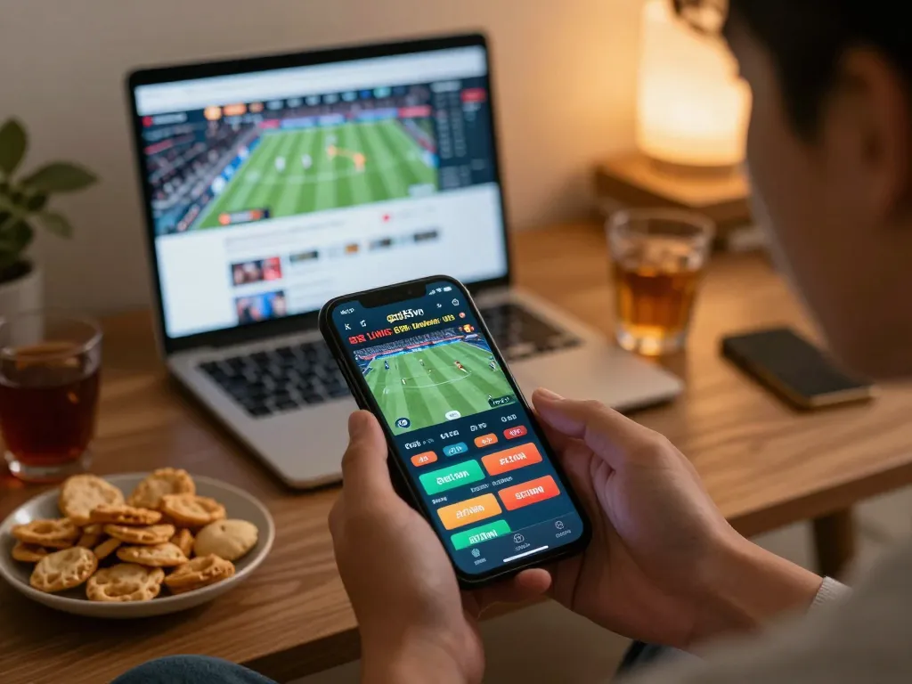 Person placing live sports bet on god55vn app, showcasing mobile betting features and engaging atmosphere.