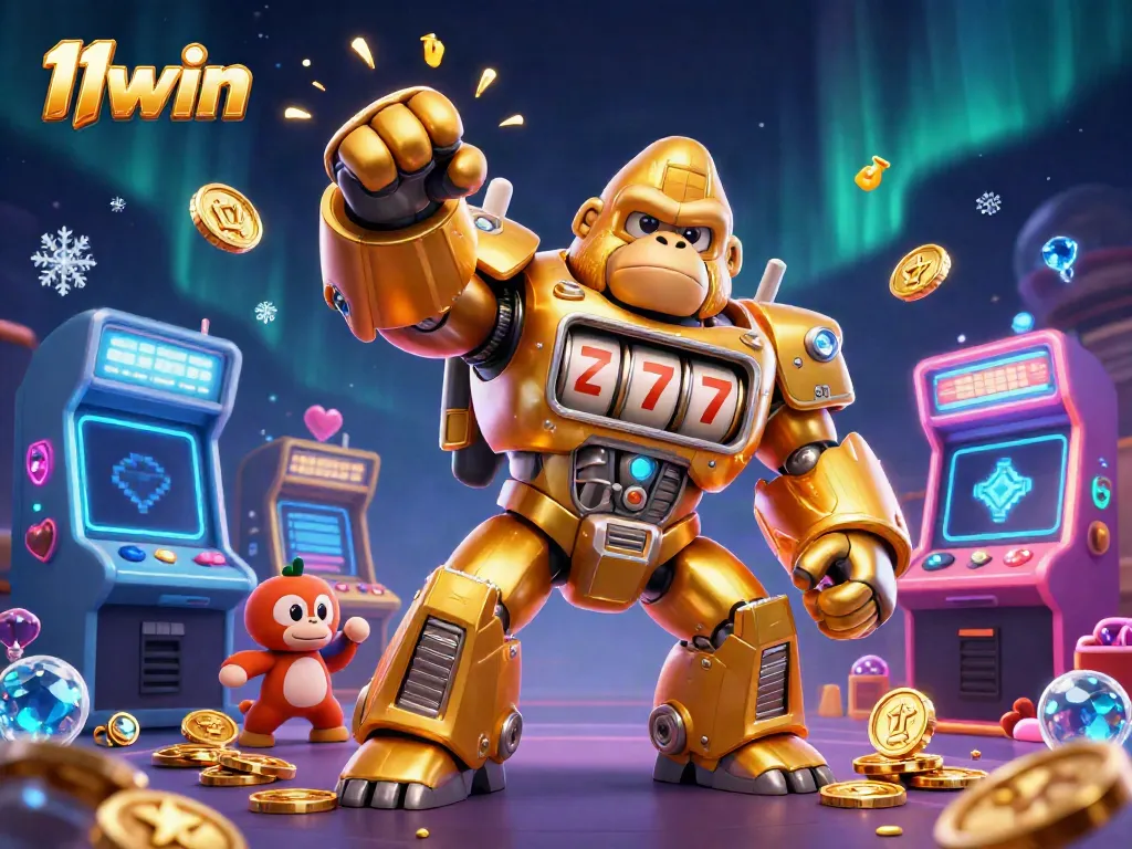 Experience exciting gameplay with 11win's golden gorilla mech and vibrant casino elements.