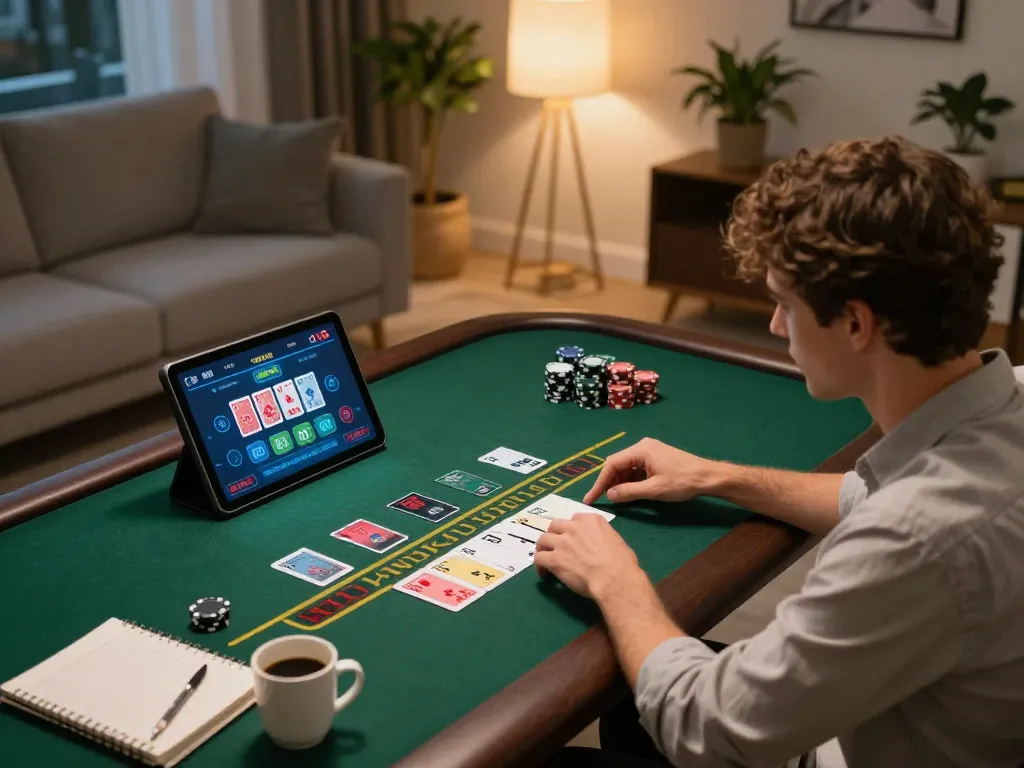 KJC player enjoying a live blackjack game on tablet with betting options visible in a cozy home setting.