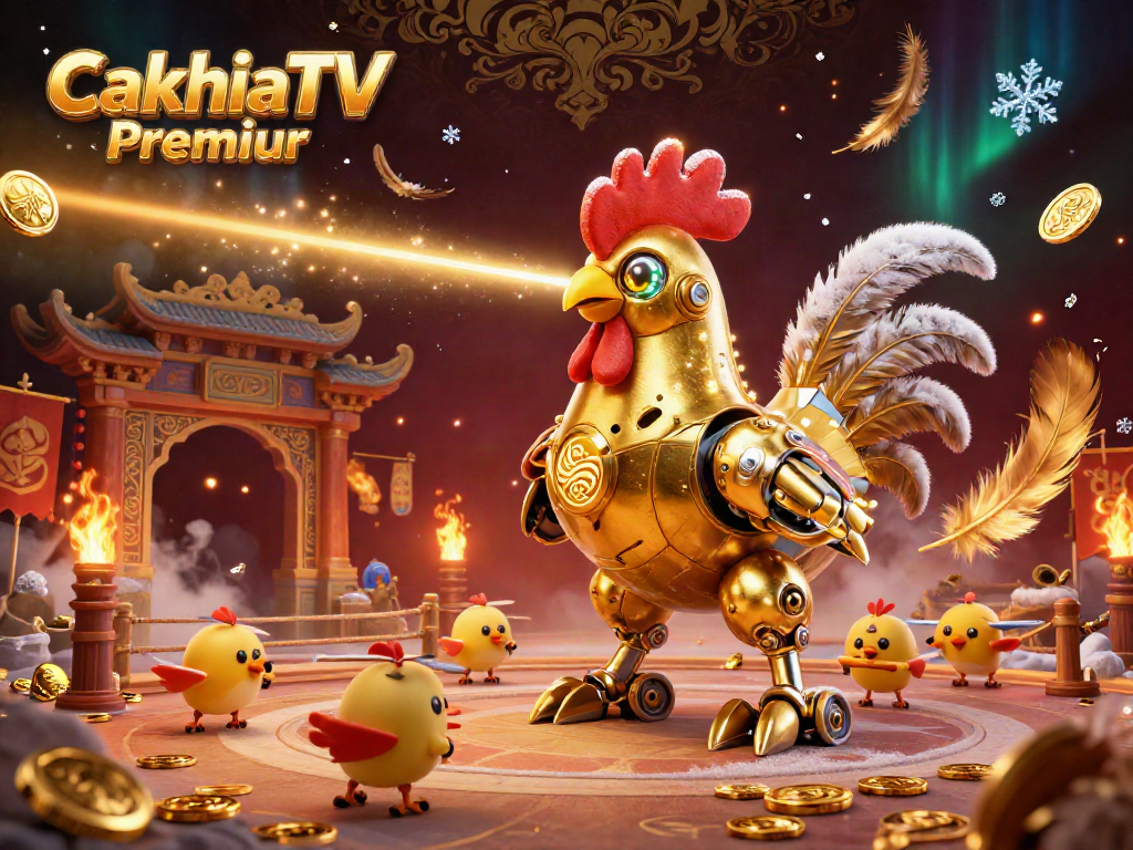 CakhiaTV Premium showcases an exciting 3D casino scene featuring a golden rooster robot and baby chick drones amidst dynamic gambling elements.