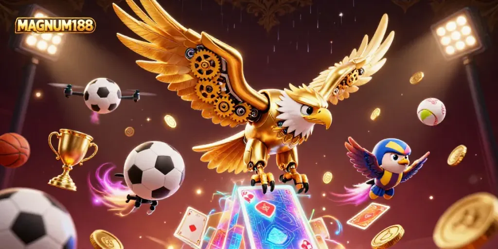 Experience thrilling gameplay with MAGNUM188, as a golden eagle and sports elements create a dynamic casino scene.