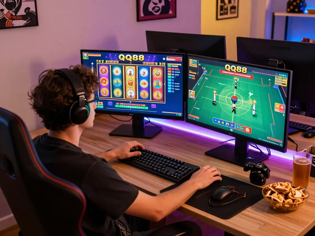 Player engaging with QQ88 casino games on dual monitors at home, showcasing live dealer interaction