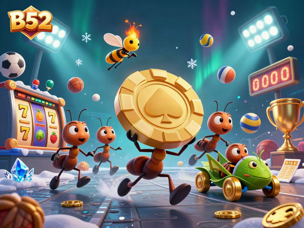 B52 ants carry a giant poker chip in a dynamic casino heist scene with vibrant energy and rich detail.