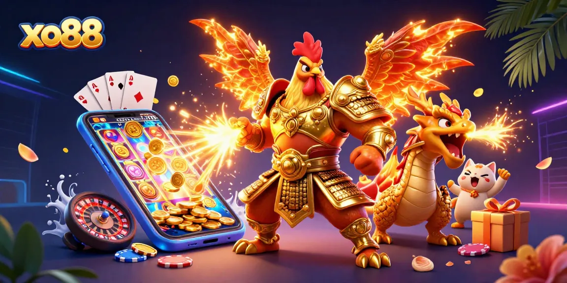 Experience the thrill of xo88 as a colorful slot game bursts from a dynamic 3D scene with warriors.