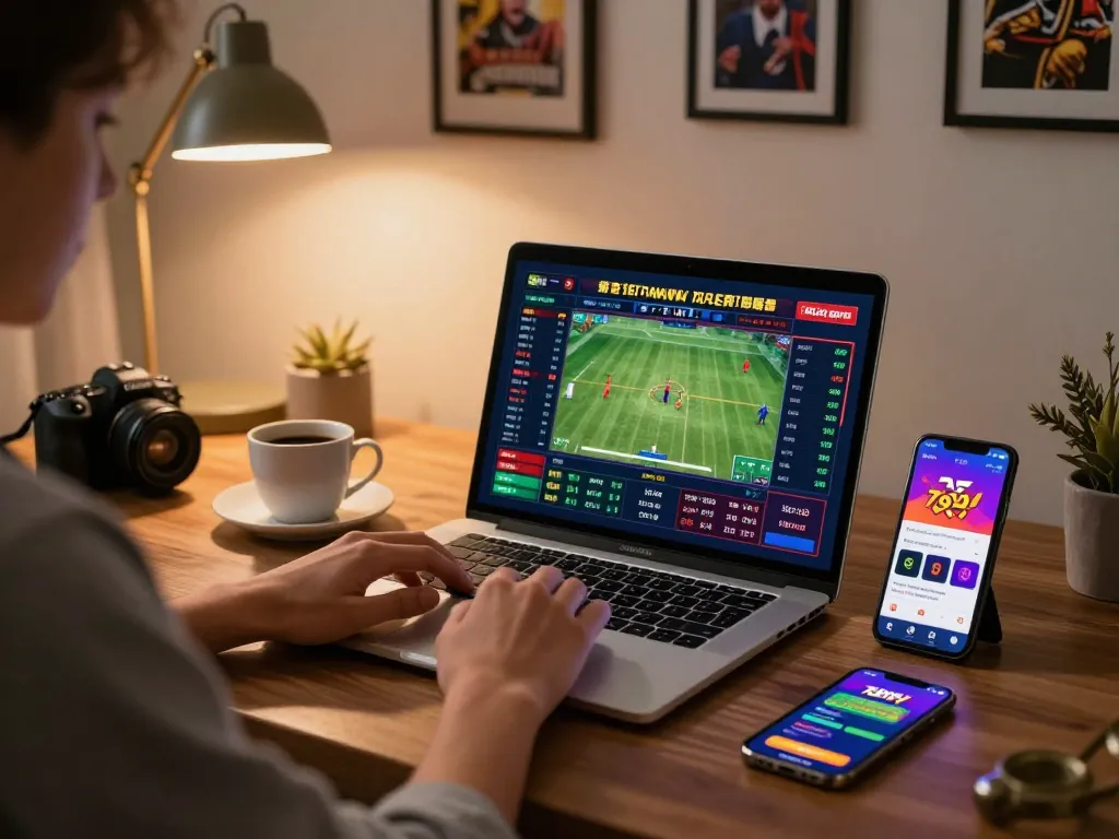 Engaged user betting on 789win app in a stylish home office, showcasing strategic gambling moments.