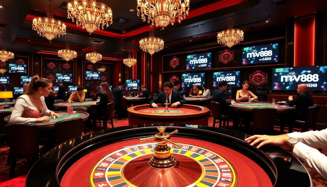 Engaging casino action with players and a roulette wheel highlighting mv88's advanced betting features.