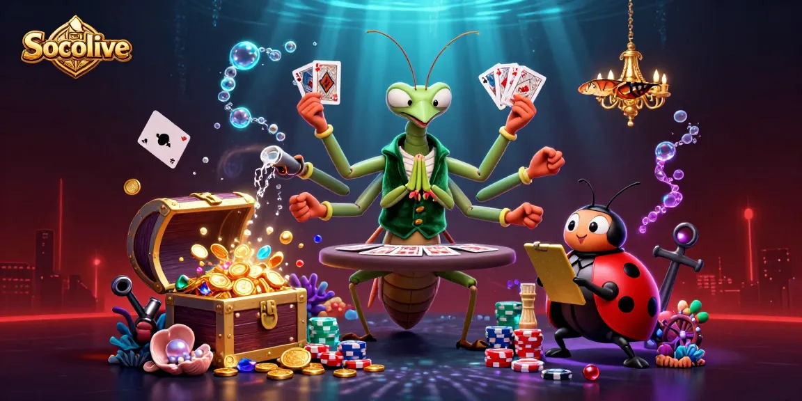 Socolive showcases a vibrant online casino scene with a giant mantis dealer and ladybug pit boss.
