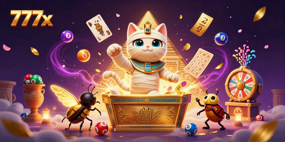 Join the adventurous Egyptian mummy cat in the dazzling 777x pyramid casino filled with vibrant games.