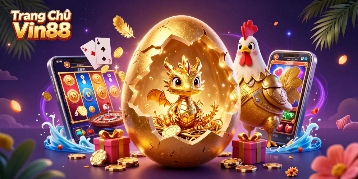 Engage in thrilling gaming with Trang Chủ Vin88, featuring a golden baby dragon and vibrant casino elements.