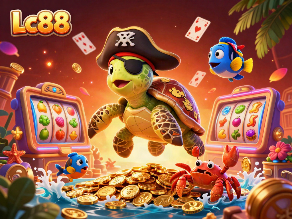 Experience thrilling wins with Lc88 in this vibrant 3D casino scene featuring exciting game elements.