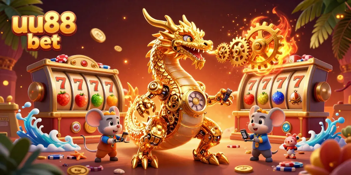 Experience uu88 bet action with a golden dragon and captivating slot reels illustration.