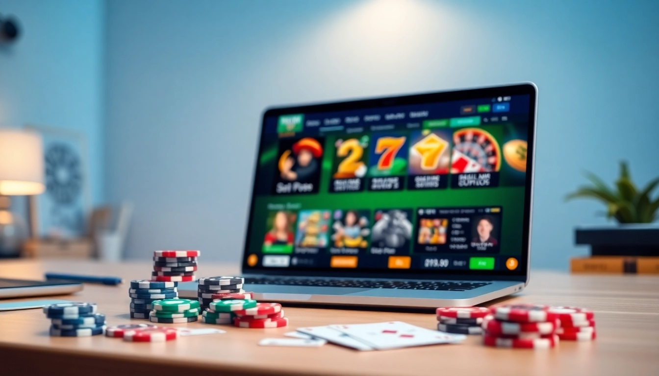 TPTP online betting interface showcasing various games like slots and poker in a modern workspace.
