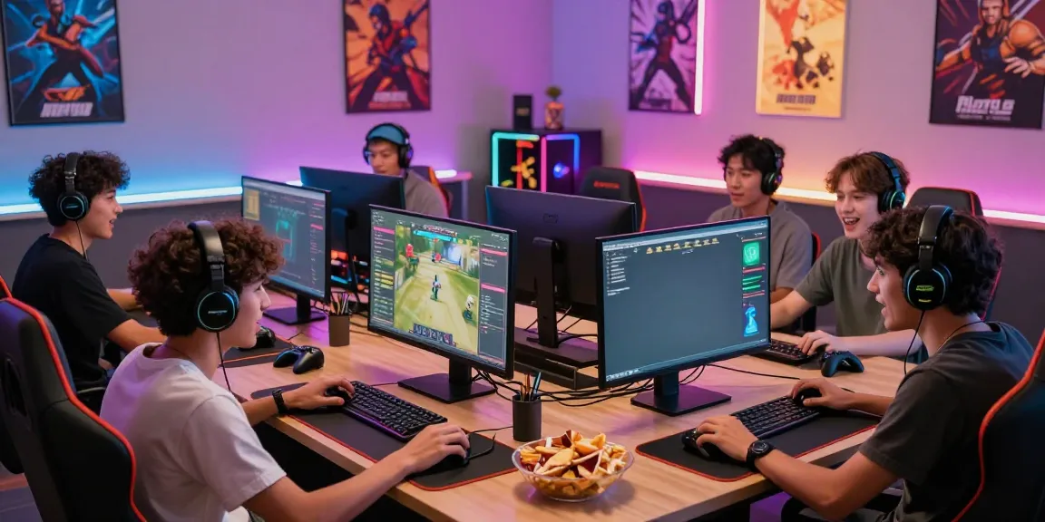 Friends engaged in an exciting hitclub gaming tournament in a vibrant lounge.