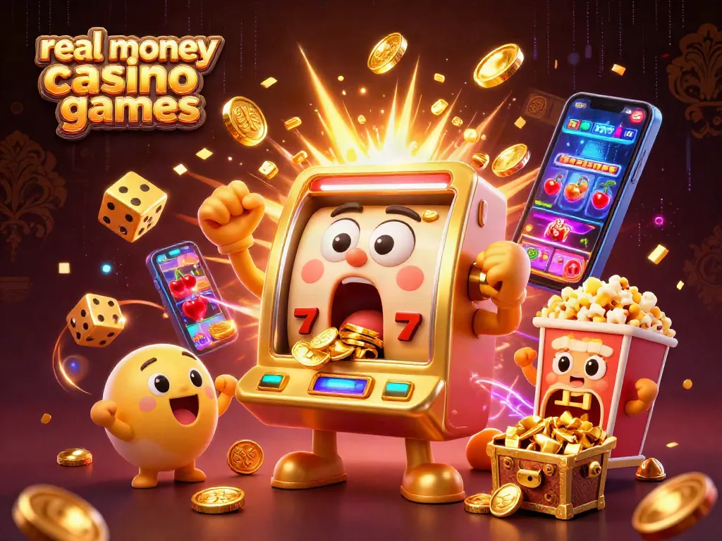 Engage with real money casino games as a golden slot machine hits its jackpot with excitement.