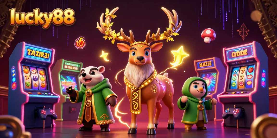 Spin the reels on lucky88 with a Celtic druid, badger, and casino game machines glowing.