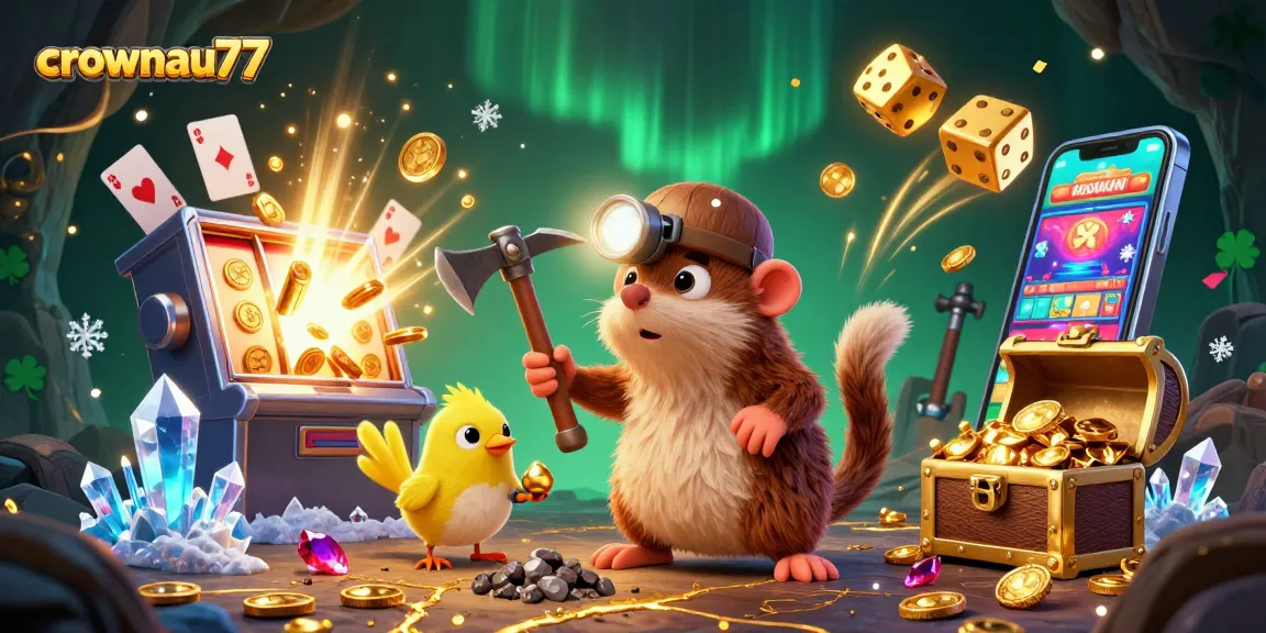 CrownAU77 showcases a vibrant 3D casino scene featuring a treasure hunter mole among jackpot bonuses and colorful slot elements.