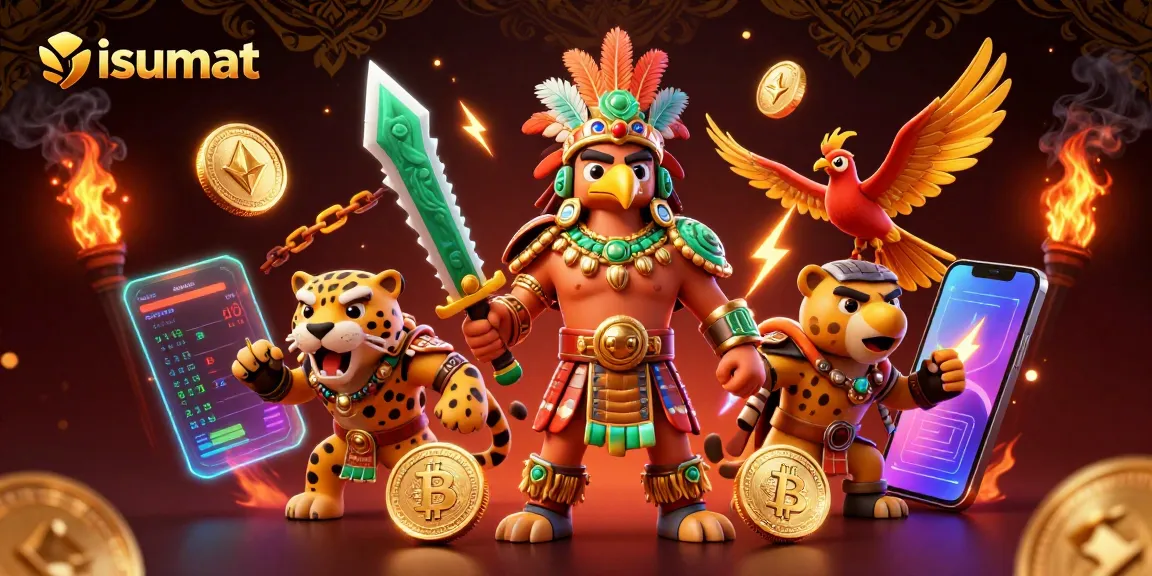 Engage with isumat through dynamic 3D illustration of Aztec characters amid cryptocurrency elements and gaming visuals.