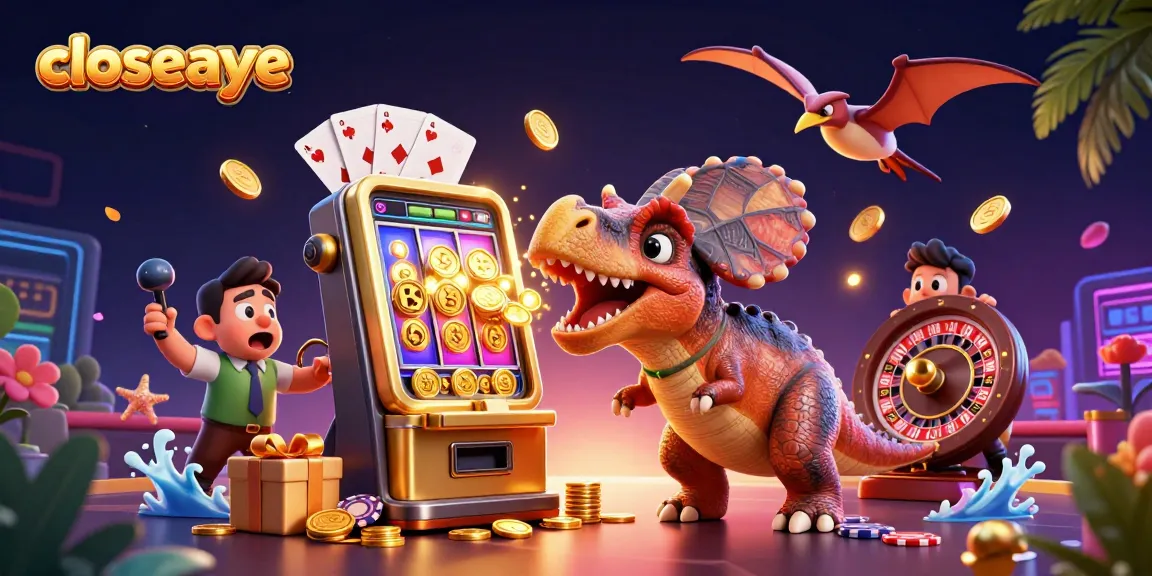 Experience a thrilling casino adventure with closeaye as the pachycephalosaurus wins a jackpot, surrounded by vibrant game elements.