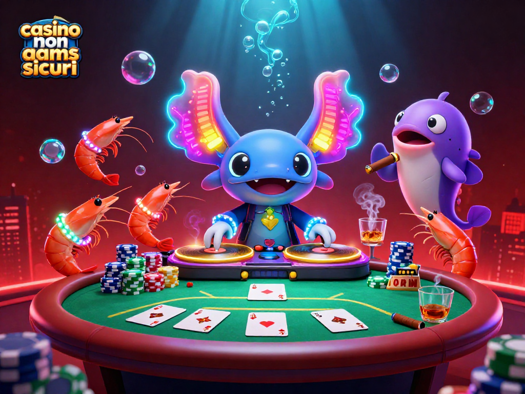 Illustrazione che promuove casino non AAMS sicuri con DJ axolotl 3D, gamberi danzanti e elementi da poker.