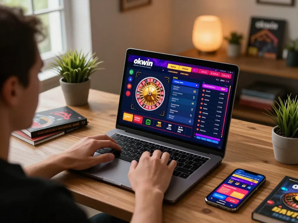 Person engaging with okwin online casino on a laptop at home, showing colorful game interface.
