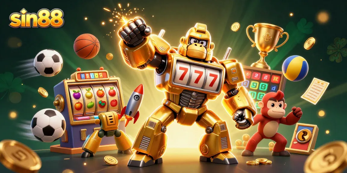 Engage with sin88 in this vibrant 3D illustration of a golden gorilla mech and dynamic slot-themed elements.