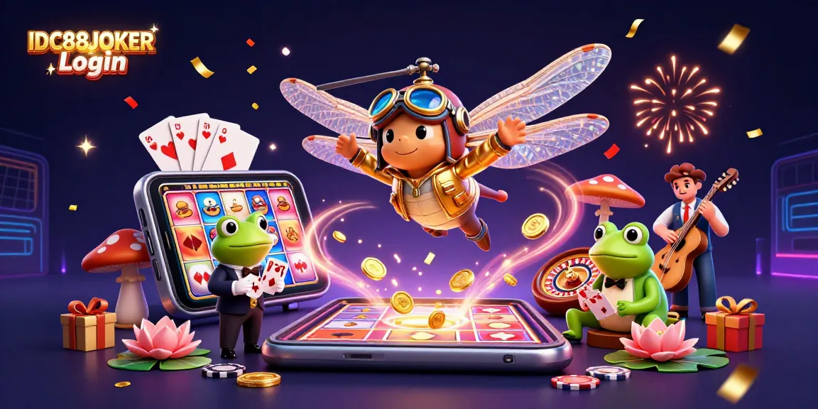 Play and win big at IDC88JOKER Login, featuring thrilling card games with croupiers in a vibrant casino scene.