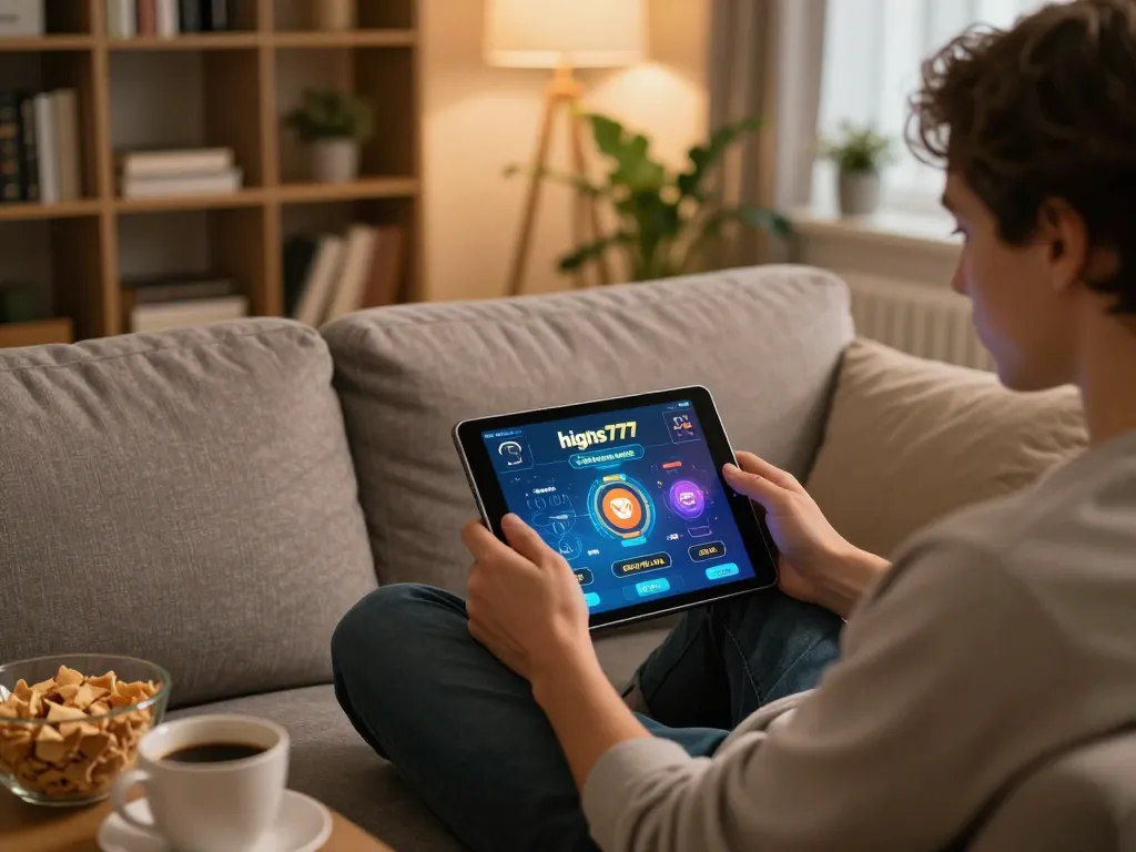 Pemain menikmati pengalaman bermain higgs777 di tablet dalam suasana ruang tamu yang nyaman.