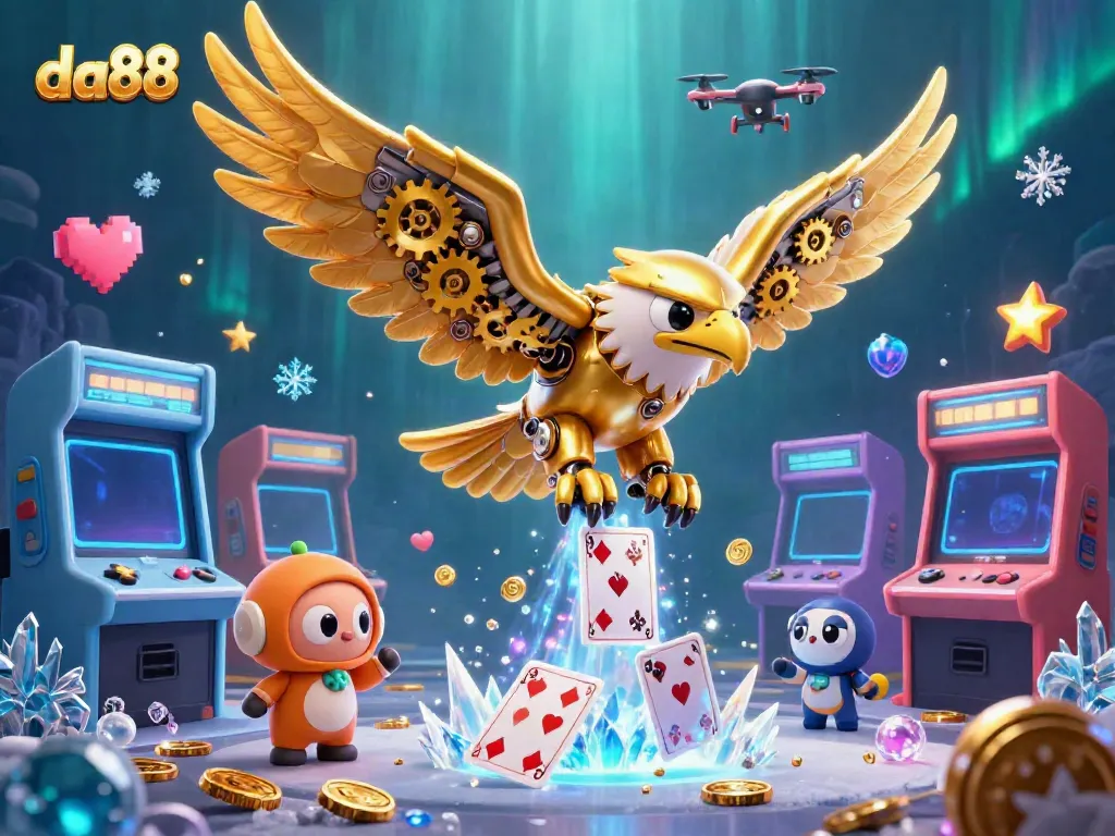 Experience the thrill of da88 action with a golden eagle soaring through holographic cards in this vibrant casino scene.