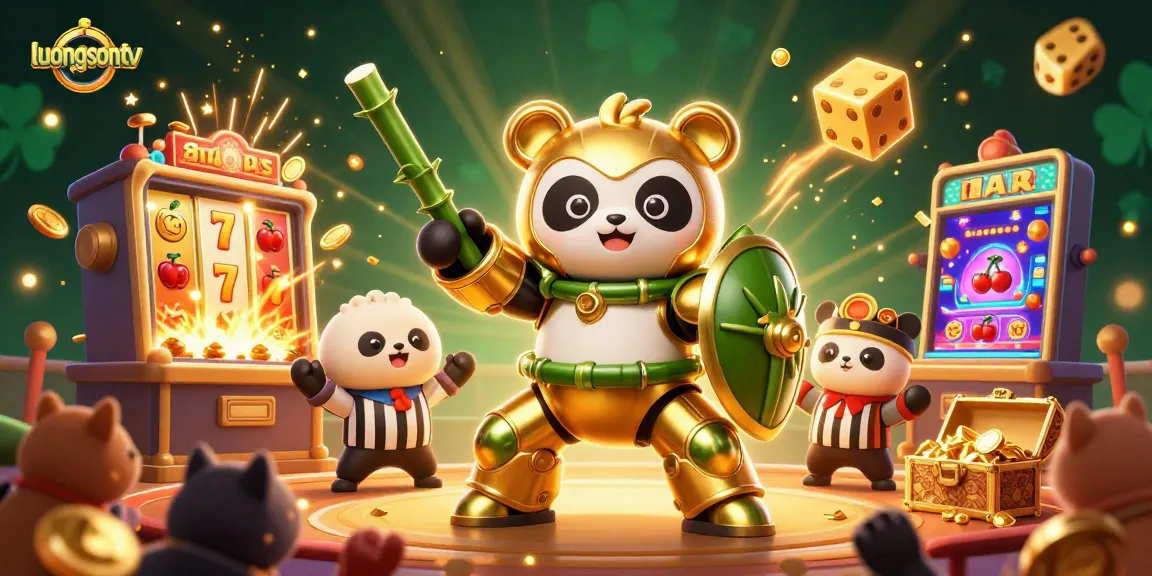 Bet on luongsontv with 3D cartoon panda robot and dynamic slot machine explosion.