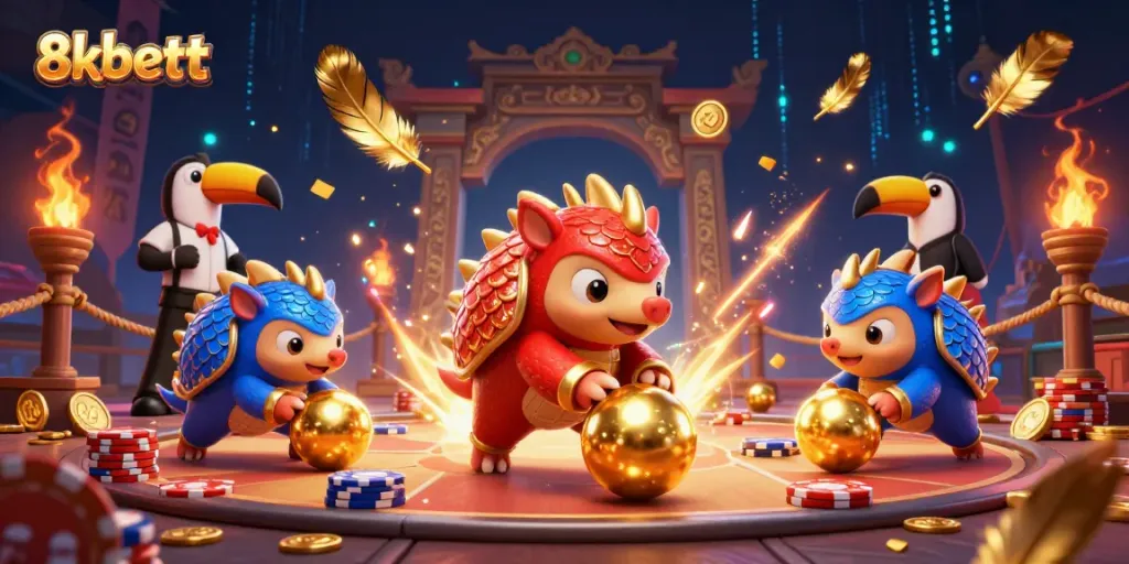 Experience thrilling matches with 8xbett as pangolins battle through poker chips in a vibrant casino scene.