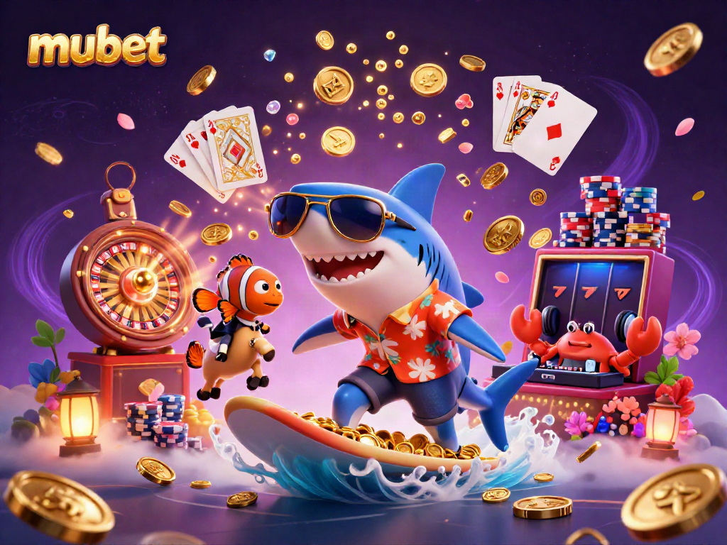 Experience the excitement of mubet with a dynamic shark surfer and underwater casino elements.