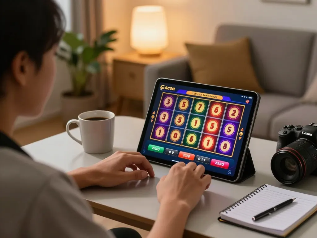 Engaging player enjoying slot gacor on tablet at home with vibrant spinning reels.