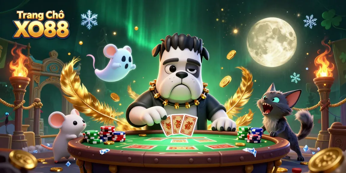 Engage with your luck at Trang Chủ XO88 with a lively scene of fun casino characters and vibrant game elements.