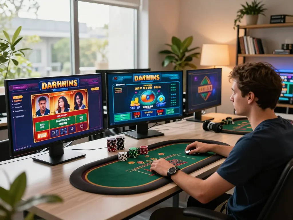 Player engaged in strategic online gaming at their desk showcasing 88aa casino games with multiple screens visible.