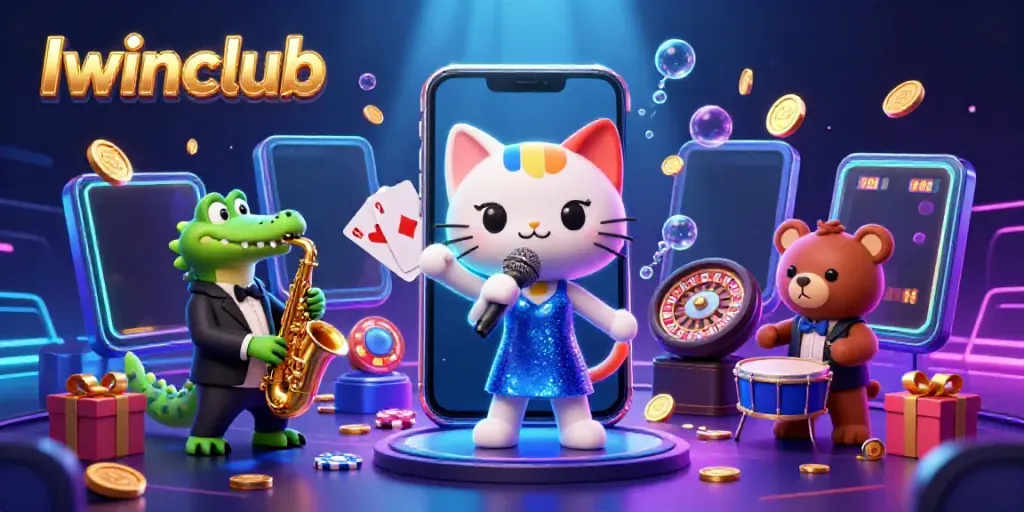 Iwinclub's animated casino scene with a singing cat, crocodile, and bear, highlighting vibrant gambling action.