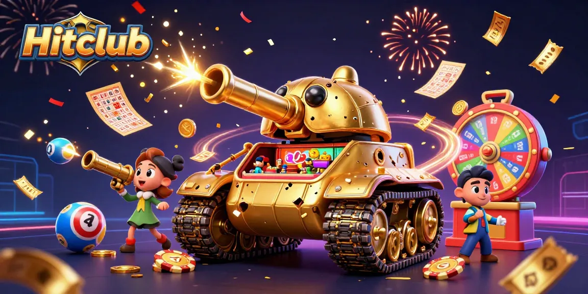 Play exciting games at Hitclub with a dazzling digital casino scene featuring vibrant lottery elements and festive confetti.
