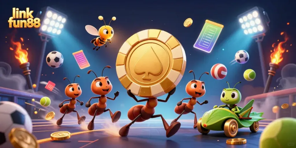 Play and win big at link fun88 with a vibrant 3D cartoon illustration of ants on a heist.