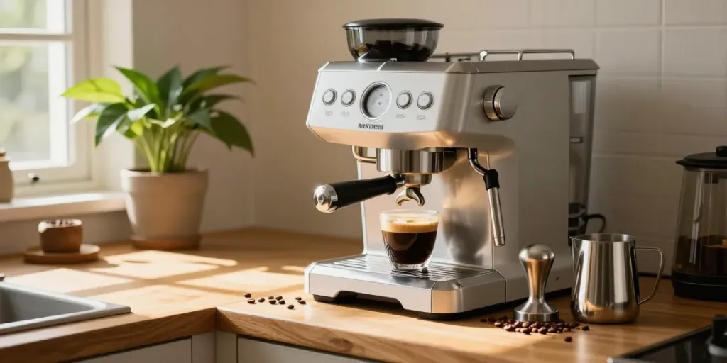 Barista using ROKOK88 espresso machine in a sunlit kitchen.