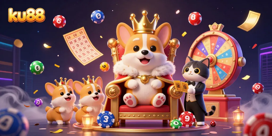Experience the excitement of ku88 with a royal corgi surrounded by dynamic gambling elements.