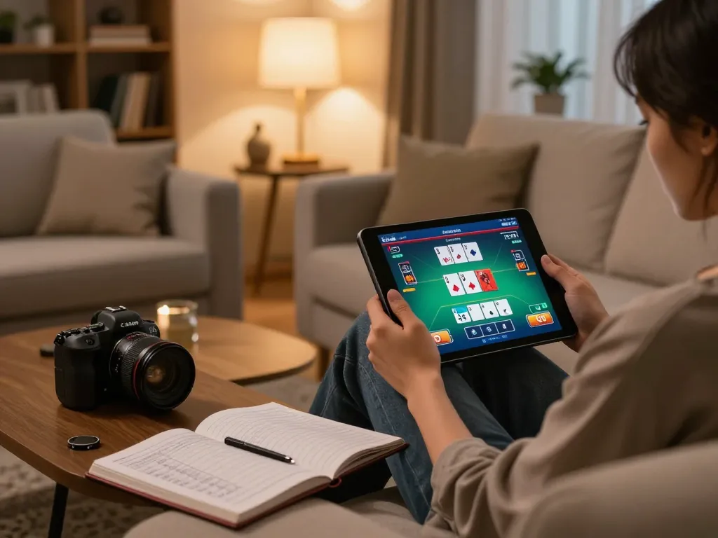Player engaging in online poker on F168 with strategy notes nearby, illustrating a relaxed gaming experience.