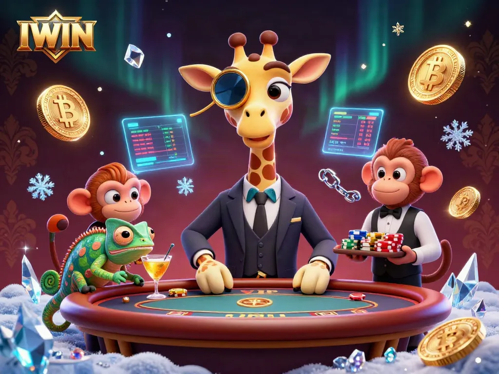 IWIN casino illustration of a giraffe at a poker table, vibrant crypto elements enhance the scene.