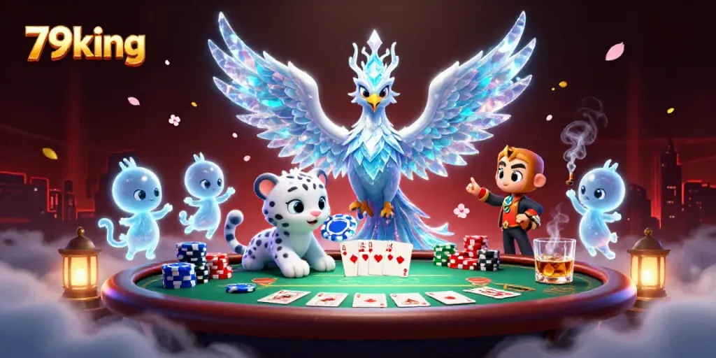 Engage with 79king's exciting gaming world featuring a vibrant 3D phoenix and colorful poker elements.