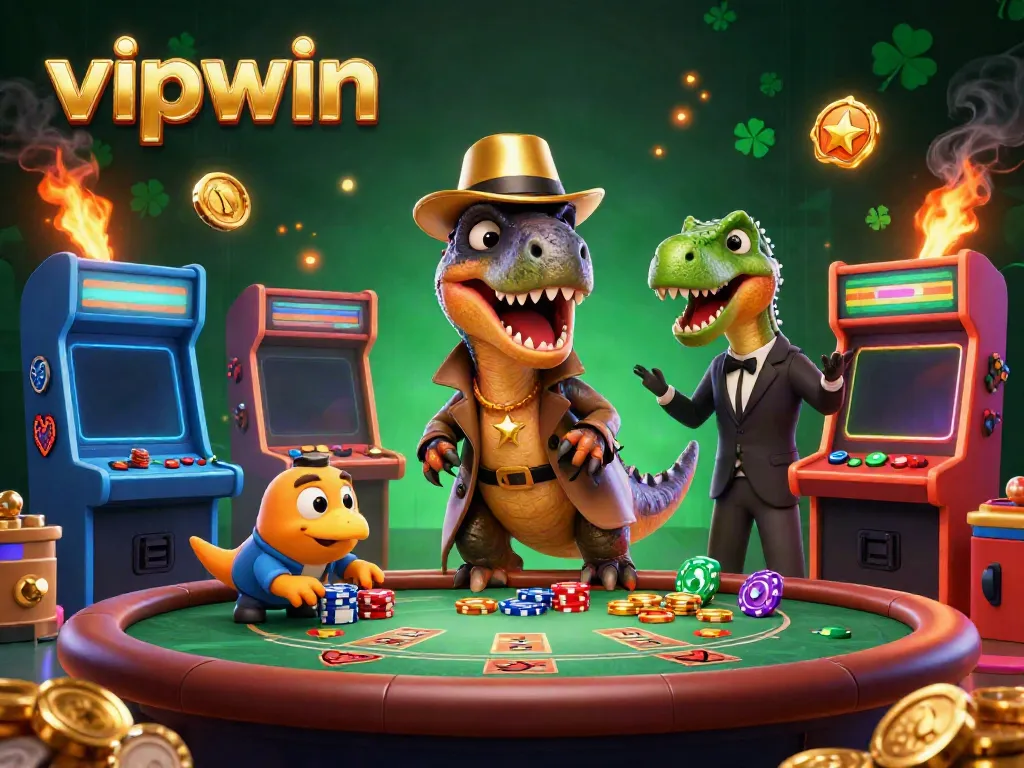 Experience thrilling blackjack action with vipwin's vibrant 3D scene featuring a velociraptor card counter and colorful gaming elements.