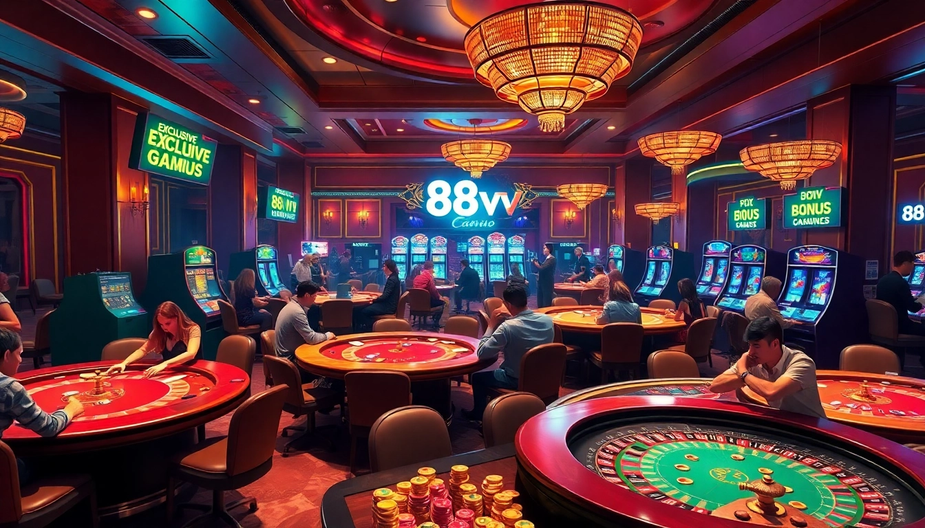 Exciting players at 88vv engaging with vibrant casino games under warm lights.