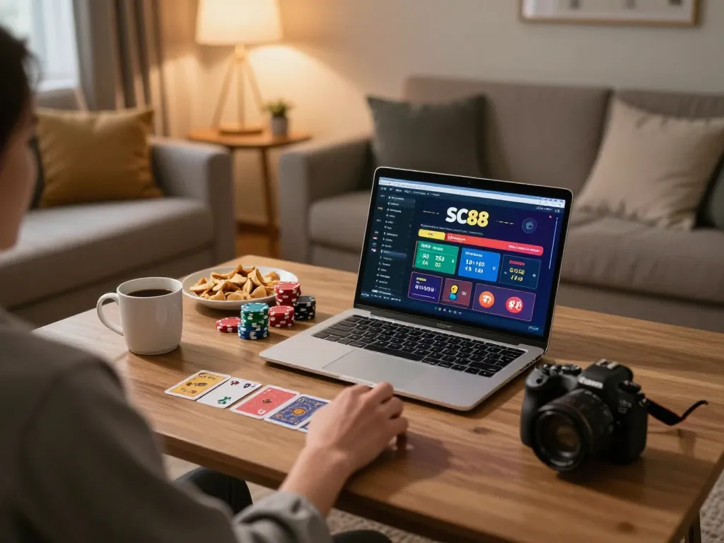 Player enjoying online SC88 gaming experience at home with laptop and cards.