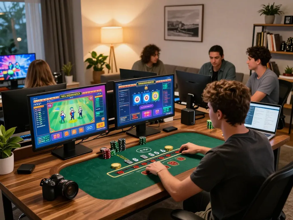 vin88 online blackjack player strategizing bets in a cozy home setup