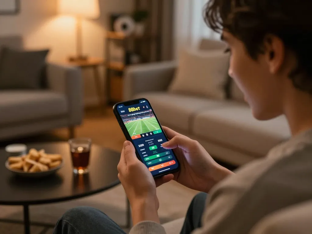 Engaging scene of a person placing bets on the 88bet app in a cozy living room, showcasing home sports betting.