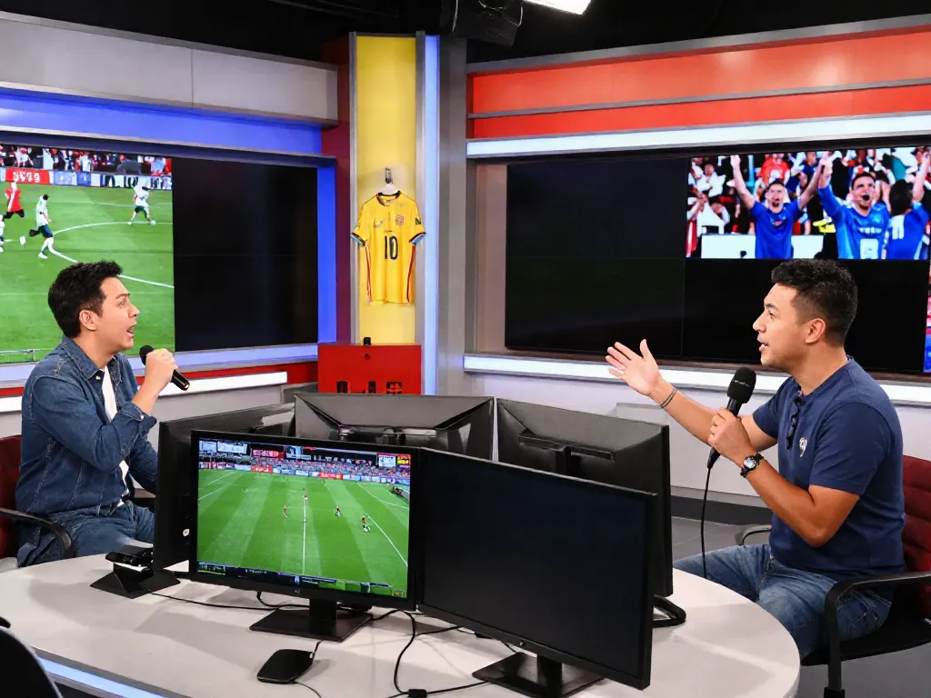 Sports commentators at CakhiaTV studio discussing live match insights.
