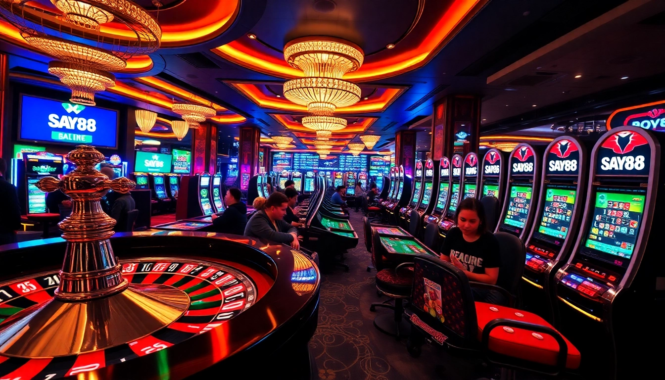 Experience thrilling gameplay at SAY88 with vibrant casino games, poker chips, and roulette wheels.
